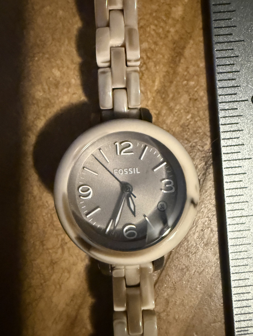 Fossil Women's Beige Ceramic Link Bracelet Wristwatch